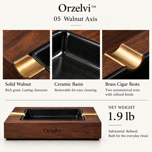 Orzelvi™ 05 Walnut Axis — Walnut Ashtray with Removable Ceramic Basin and Brass Cigar Rests