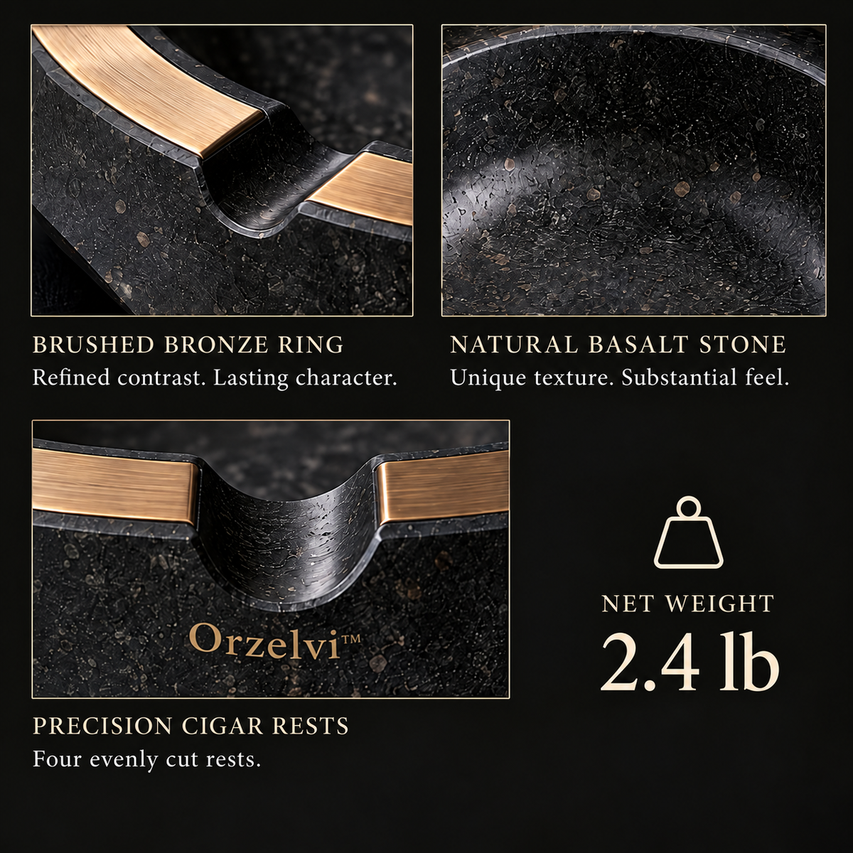 Orzelvi™ Basalt Crown — Natural Basalt Ashtray with Brushed Bronze Ring