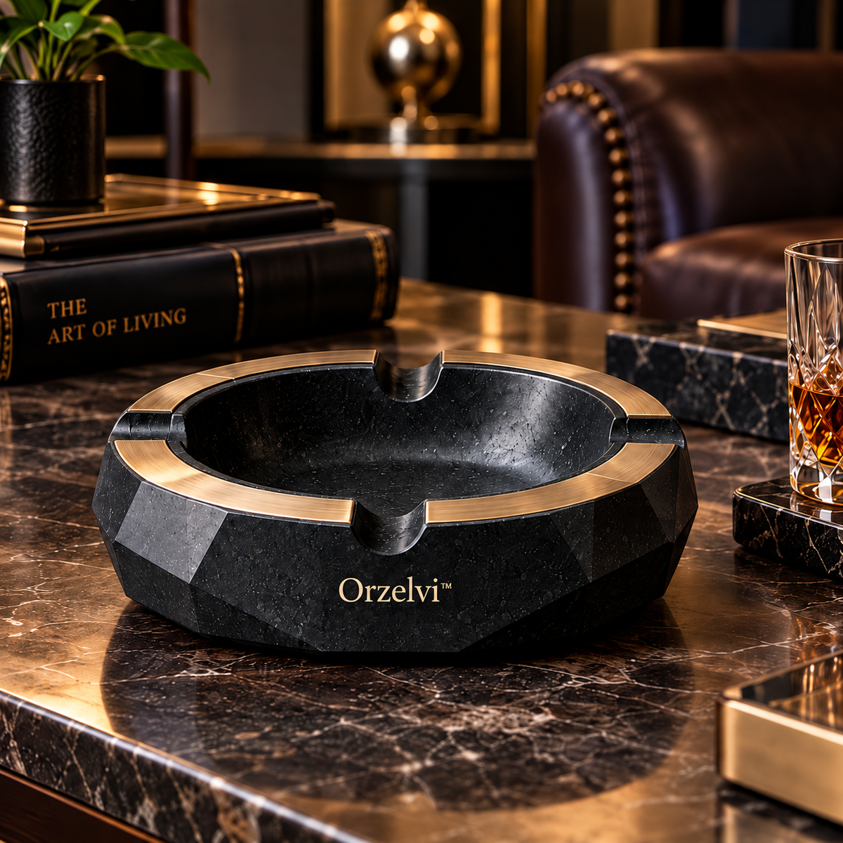 Orzelvi™ Basalt Crown — Natural Basalt Ashtray with Brushed Bronze Ring