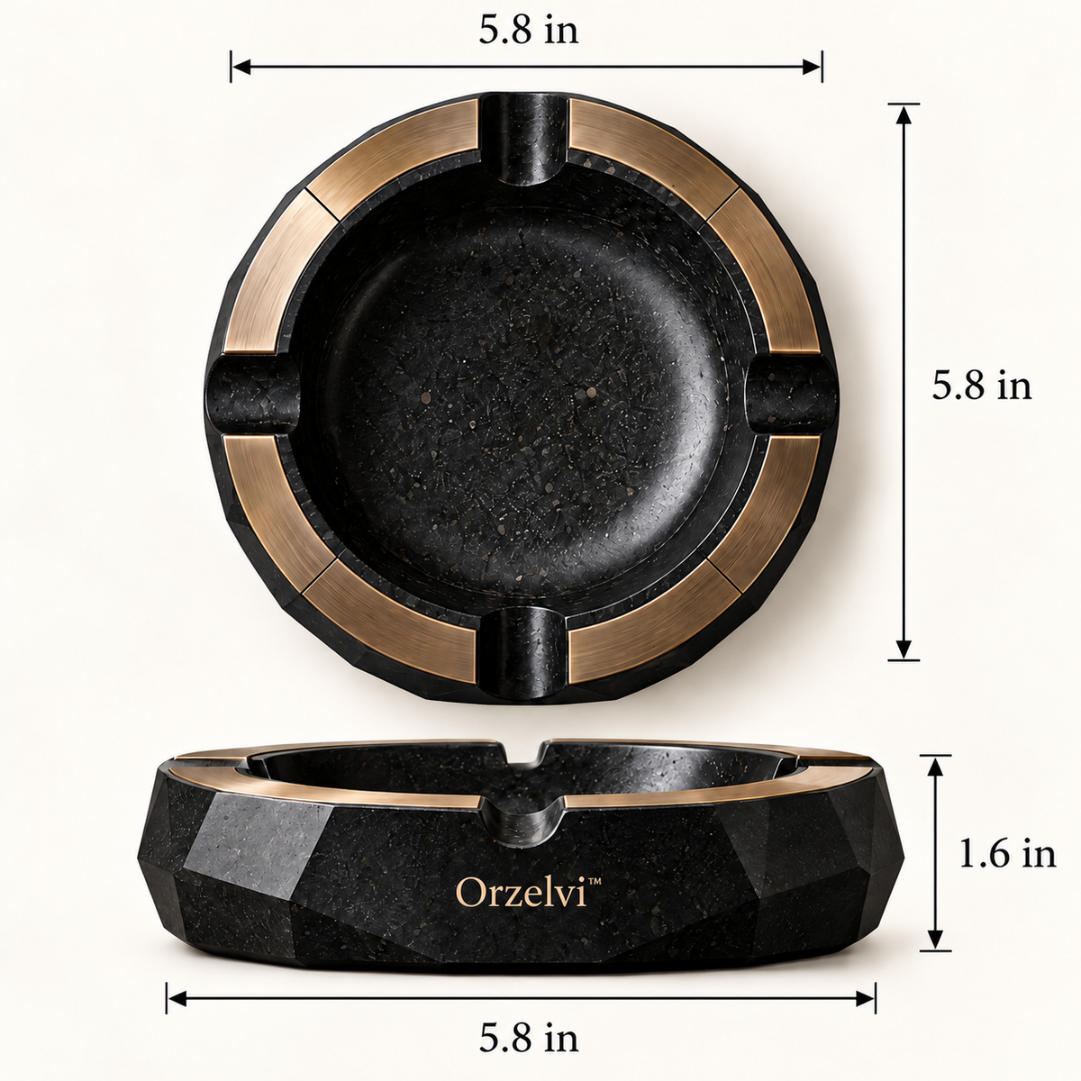 Orzelvi™ Basalt Crown — Natural Basalt Ashtray with Brushed Bronze Ring