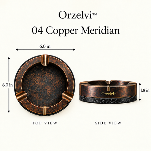 Orzelvi™ 04 Copper Meridian — Patinated Copper Ashtray with Black Stone Base