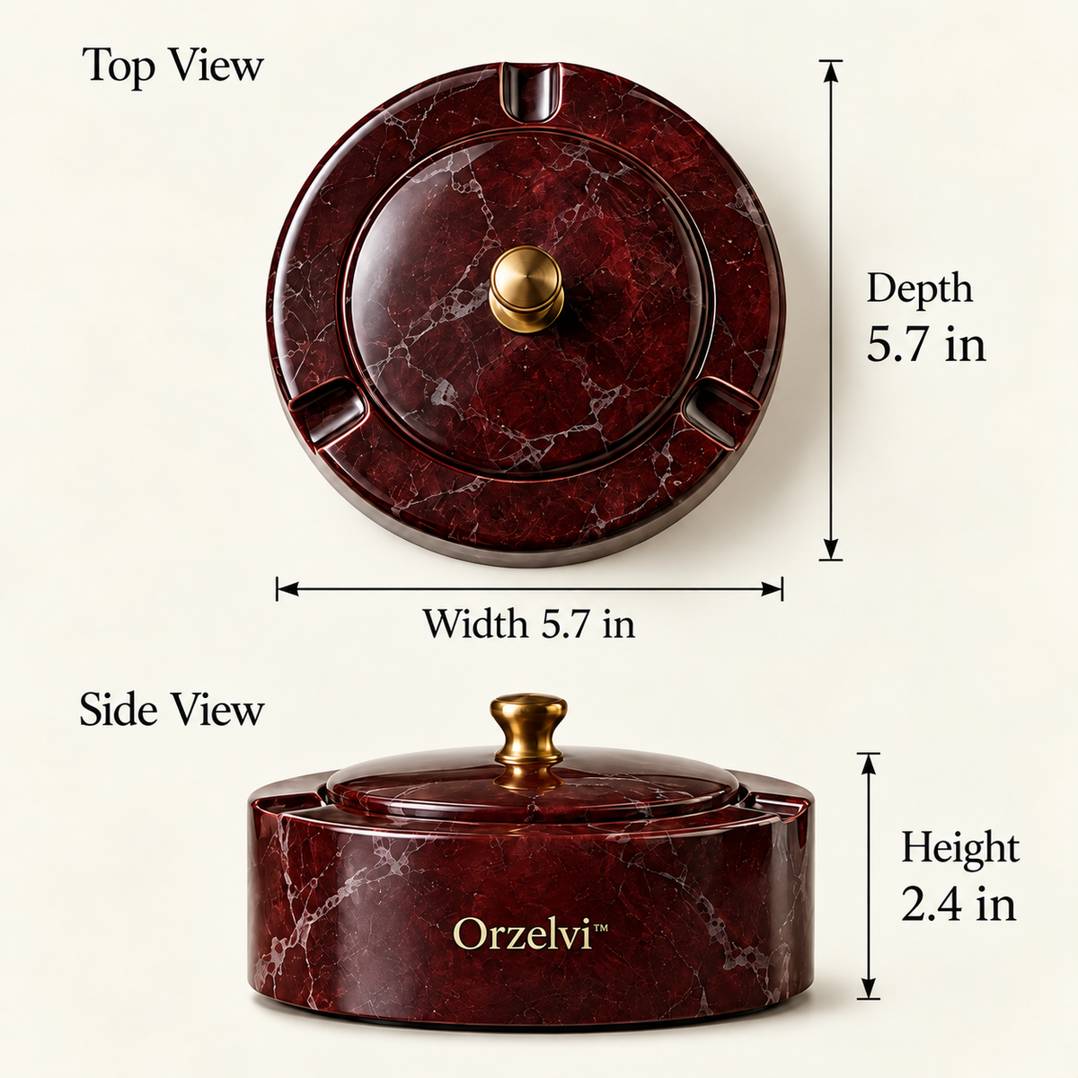 Orzelvi™ 10 Ember Vault — Lidded Burgundy Marble Ashtray with Brass Knob