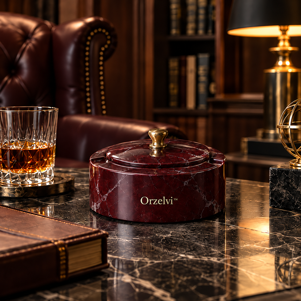 Orzelvi™ 10 Ember Vault — Lidded Burgundy Marble Ashtray with Brass Knob