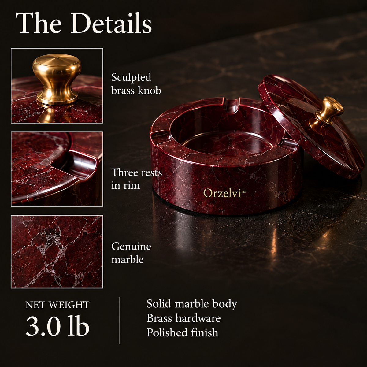 Orzelvi™ 10 Ember Vault — Lidded Burgundy Marble Ashtray with Brass Knob