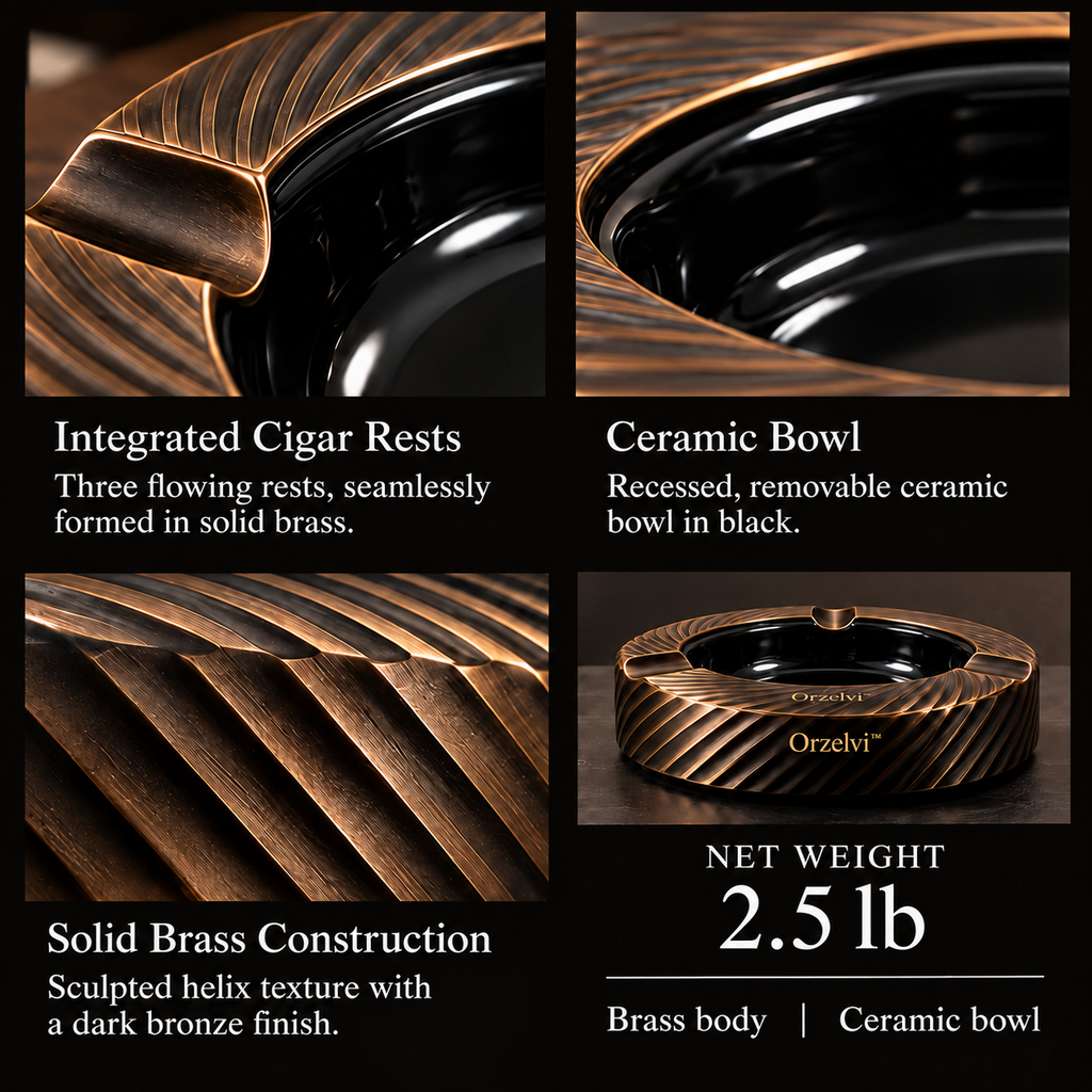 Orzelvi™ 12 Brass Helix — Sculptural Brass Ashtray with Removable Black Ceramic Bowl